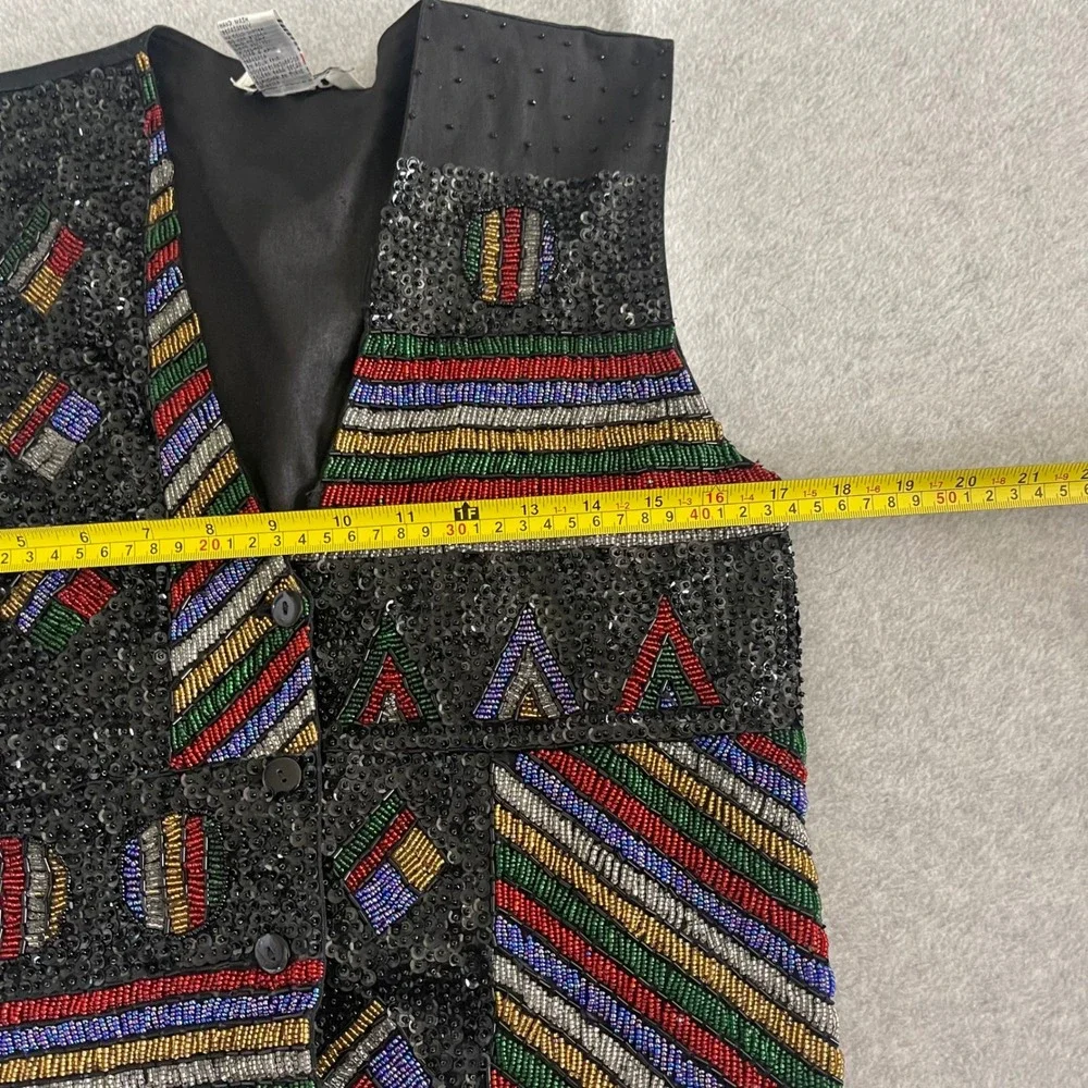 Effeci Black Beaded Sequin Vest Small Artsy Tribal Geo Party Top Boho Festival‎
